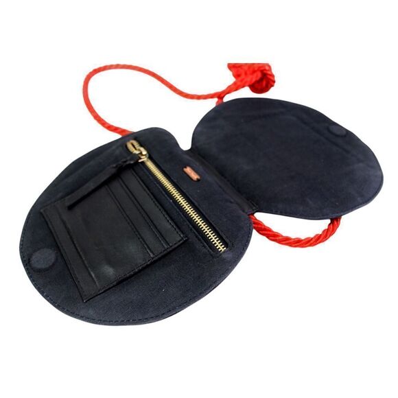 Free People BLACK REAL LEATHER RED CORD STRAP X-BODY SHOULDER BAG HANDBAG PURSE - Picture 9 of 12